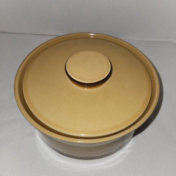 Vintage Ginger Stoneware Lidded Crock 4" H x 8" L x 7" W - Picture 3 of 6
